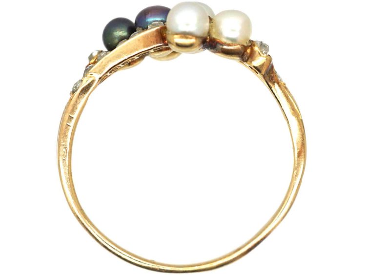 Edwardian 18ct Gold, Black & White Natural Pearl & Rose Diamond Crossover Ring