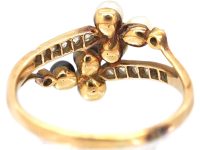 Edwardian 18ct Gold, Black & White Natural Pearl & Rose Diamond Crossover Ring