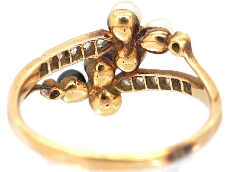 Edwardian 18ct Gold, Black & White Natural Pearl & Rose Diamond Crossover Ring