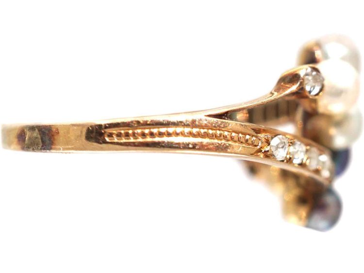 Edwardian 18ct Gold, Black & White Natural Pearl & Rose Diamond Crossover Ring