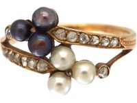 Edwardian 18ct Gold, Black & White Natural Pearl & Rose Diamond Crossover Ring