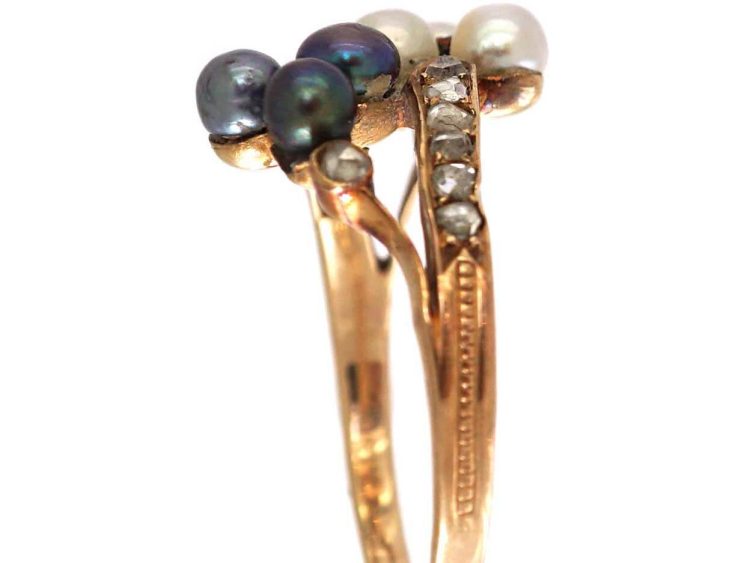 Edwardian 18ct Gold, Black & White Natural Pearl & Rose Diamond Crossover Ring