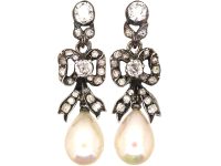 Victorian Silver & Gold Diamond Bow Drop Earrings with Faux Pearls