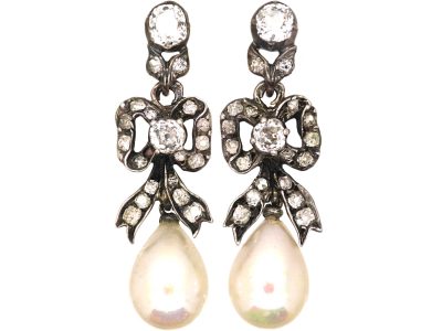 Victorian Silver & Gold Diamond Bow Drop Earrings with Faux Pearls