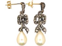 Victorian Silver & Gold Diamond Bow Drop Earrings with Faux Pearls