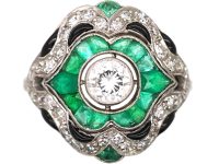 Art Deco French Platinum Ring set with Diamonds, Emeralds & Onyx