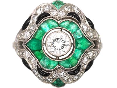 Art Deco French Platinum Ring set with Diamonds, Emeralds & Onyx