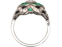 Art Deco French Platinum Ring set with Diamonds, Emeralds & Onyx