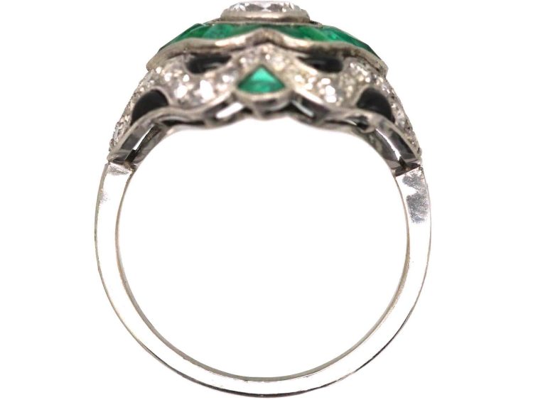 Art Deco French Platinum Ring set with Diamonds, Emeralds & Onyx