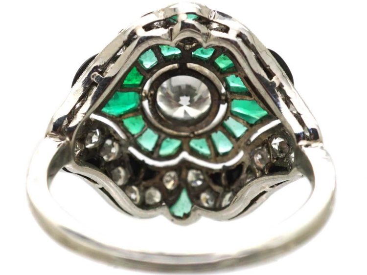 Art Deco French Platinum Ring set with Diamonds, Emeralds & Onyx