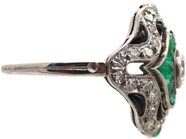 Art Deco French Platinum Ring set with Diamonds, Emeralds & Onyx