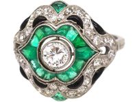 Art Deco French Platinum Ring set with Diamonds, Emeralds & Onyx