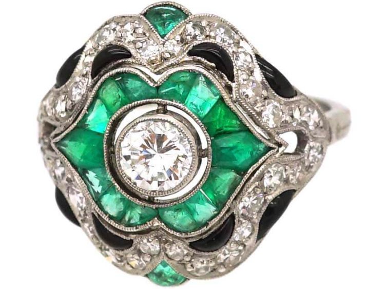 Art Deco French Platinum Ring set with Diamonds, Emeralds & Onyx