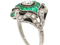 Art Deco French Platinum Ring set with Diamonds, Emeralds & Onyx