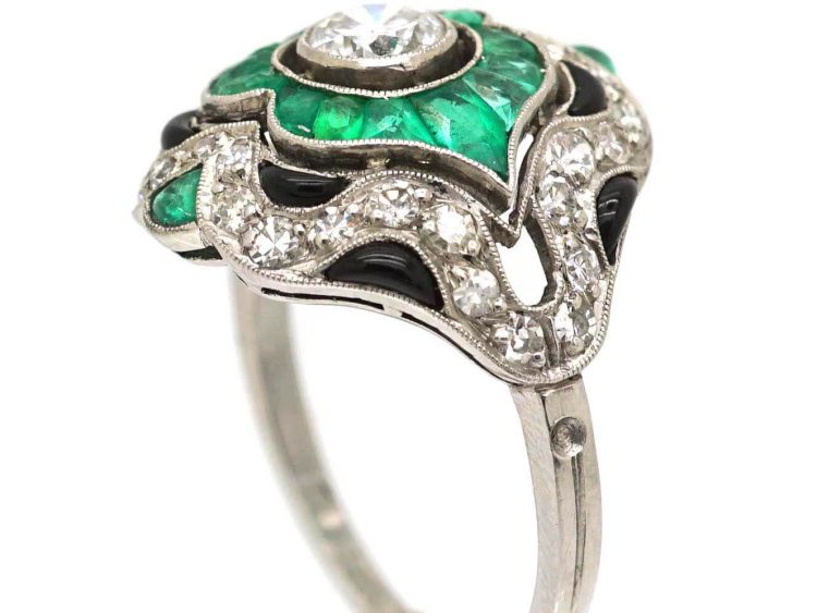 Art Deco French Platinum Ring set with Diamonds, Emeralds & Onyx