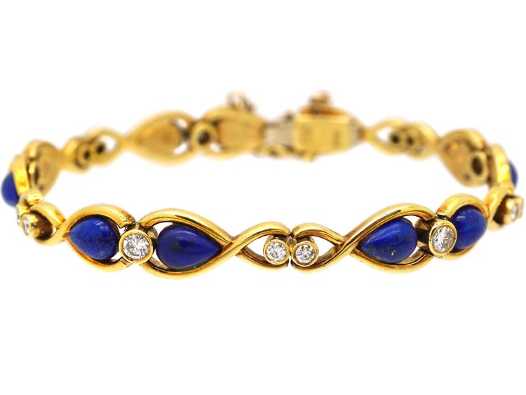 Vintage 18ct Gold Lapis Lazuli & Diamond Bracelet