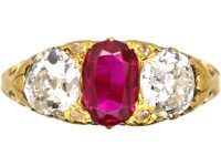 Victorian 18ct Gold Three Stone Ruby & Diamond Carved Half Hoop Ring
