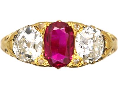 Victorian 18ct Gold Three Stone Ruby & Diamond Carved Half Hoop Ring