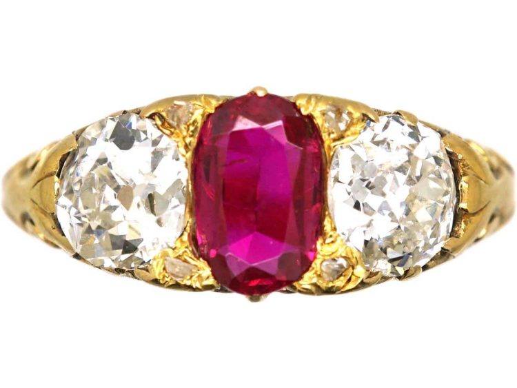 Victorian 18ct Gold Three Stone Ruby & Diamond Carved Half Hoop Ring