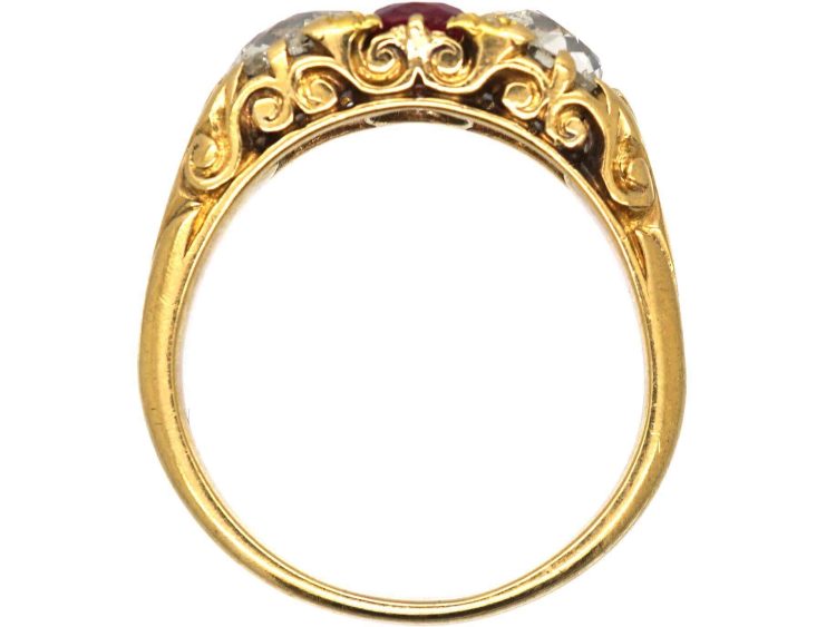 Victorian 18ct Gold Three Stone Ruby & Diamond Carved Half Hoop Ring