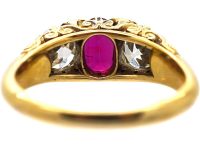 Victorian 18ct Gold Three Stone Ruby & Diamond Carved Half Hoop Ring