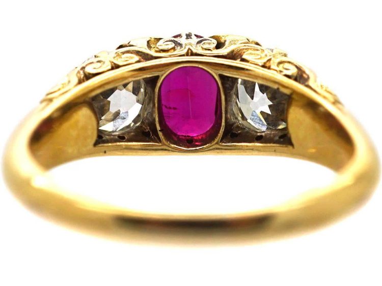 Victorian 18ct Gold Three Stone Ruby & Diamond Carved Half Hoop Ring