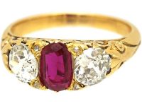 Victorian 18ct Gold Three Stone Ruby & Diamond Carved Half Hoop Ring
