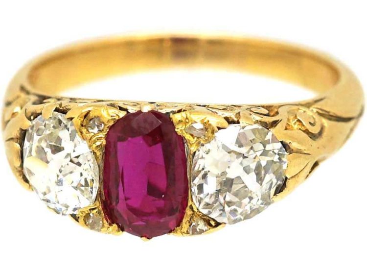 Victorian 18ct Gold Three Stone Ruby & Diamond Carved Half Hoop Ring