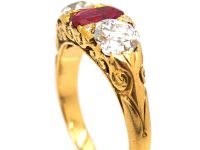 Victorian 18ct Gold Three Stone Ruby & Diamond Carved Half Hoop Ring