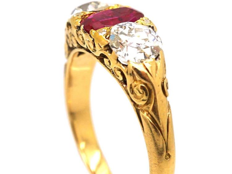 Victorian 18ct Gold Three Stone Ruby & Diamond Carved Half Hoop Ring