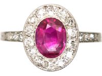 Early 20th Century French Import 18ct White Gold & Platinum, Ruby & Diamond Oval Cluster Ring