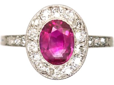 Early 20th Century French Import 18ct White Gold & Platinum, Ruby & Diamond Oval Cluster Ring