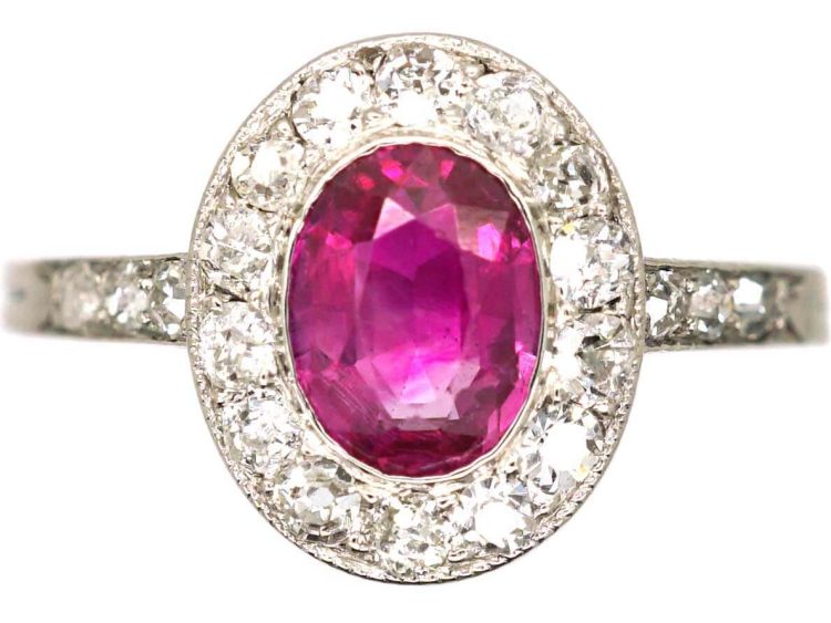 Early 20th Century French Import 18ct White Gold & Platinum, Ruby & Diamond Oval Cluster Ring