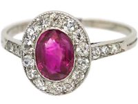 Early 20th Century French Import 18ct White Gold & Platinum, Ruby & Diamond Oval Cluster Ring