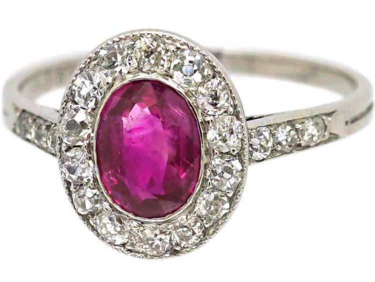 Early 20th Century French Import 18ct White Gold & Platinum, Ruby & Diamond Oval Cluster Ring