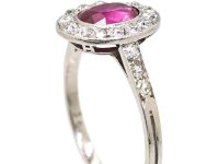 Early 20th Century French Import 18ct White Gold & Platinum, Ruby & Diamond Oval Cluster Ring