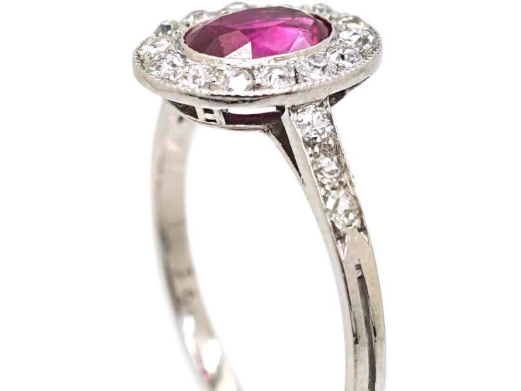 Early 20th Century French Import 18ct White Gold & Platinum, Ruby & Diamond Oval Cluster Ring
