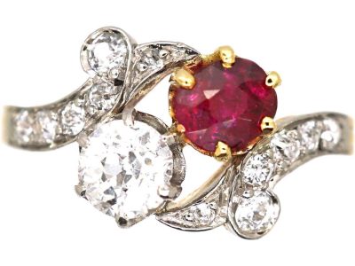 Early 20th Century French 18ct Gold & Platinum, Diamond & Ruby Crossover Ring