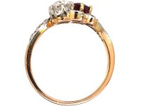 Early 20th Century French 18ct Gold & Platinum, Diamond & Ruby Crossover Ring