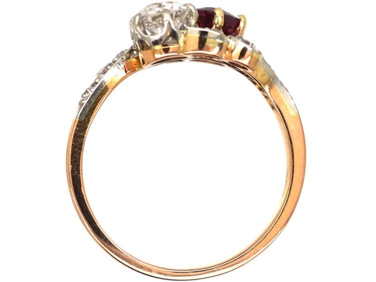 Early 20th Century French 18ct Gold & Platinum, Diamond & Ruby Crossover Ring