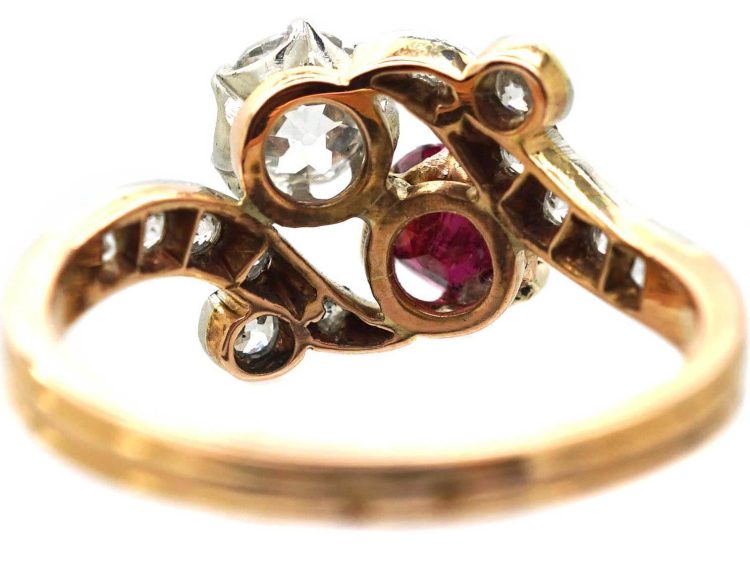 Early 20th Century French 18ct Gold & Platinum, Diamond & Ruby Crossover Ring
