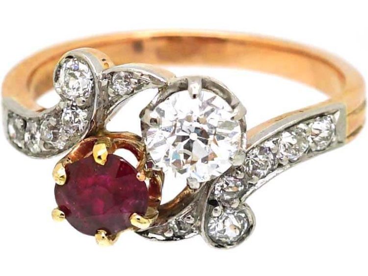 Early 20th Century French 18ct Gold & Platinum, Diamond & Ruby Crossover Ring
