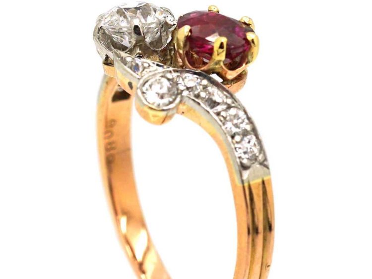 Early 20th Century French 18ct Gold & Platinum, Diamond & Ruby Crossover Ring