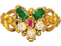 Georgian 15ct Gold Flower Cluster Ring set with Emeralds, Diamonds & a Ruby