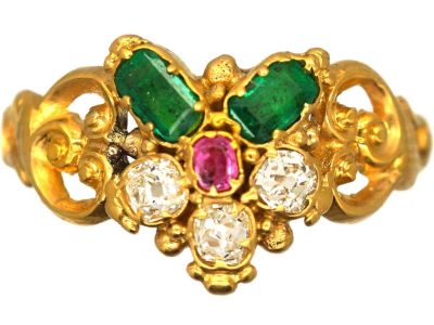 Georgian 15ct Gold Flower Cluster Ring set with Emeralds, Diamonds & a Ruby