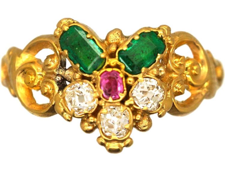 Georgian 15ct Gold Flower Cluster Ring set with Emeralds, Diamonds & a Ruby