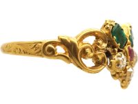 Georgian 15ct Gold Flower Cluster Ring set with Emeralds, Diamonds & a Ruby