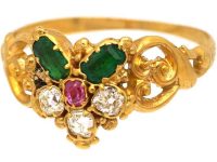 Georgian 15ct Gold Flower Cluster Ring set with Emeralds, Diamonds & a Ruby