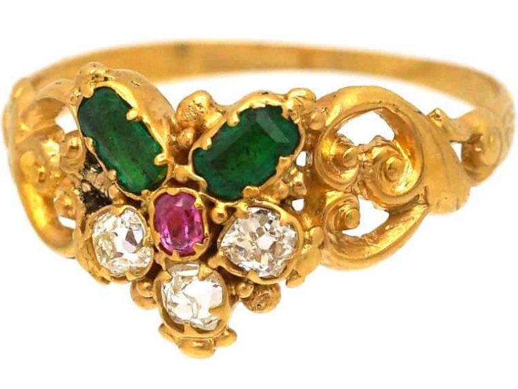 Georgian 15ct Gold Flower Cluster Ring set with Emeralds, Diamonds & a Ruby