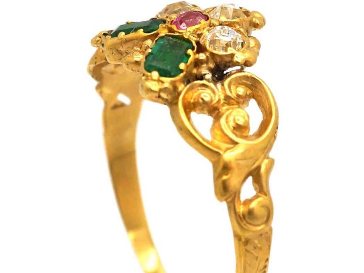 Georgian 15ct Gold Flower Cluster Ring set with Emeralds, Diamonds & a Ruby